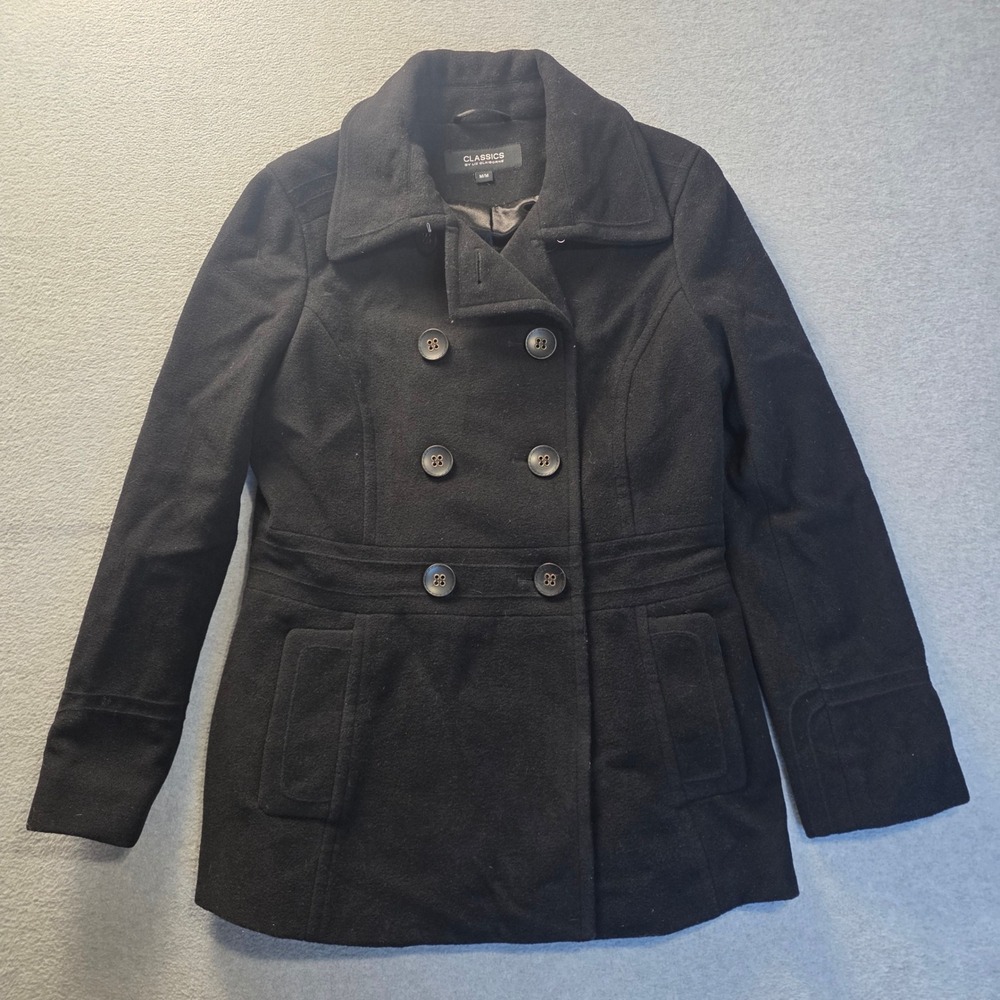 Liz Claiborne Classics Winter Coat Womens Medium Black Double Breasted Peacoat